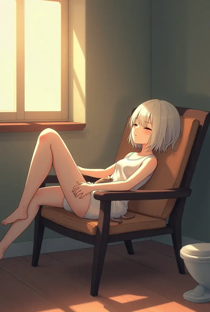 (Highest quality, 8K, masterpiece, Best image quality, Ultra HD, Delicate and smooth skin, Realistic Skin, Perfect and beautiful face ,Perfect and pretty face, Skin with attention to detail, Perfect limbs、Narrow waist、Thin legs)、Nude, nipple, pussy, Wicked Smile、Silver Hair、Very short hair、In the kitchen、
