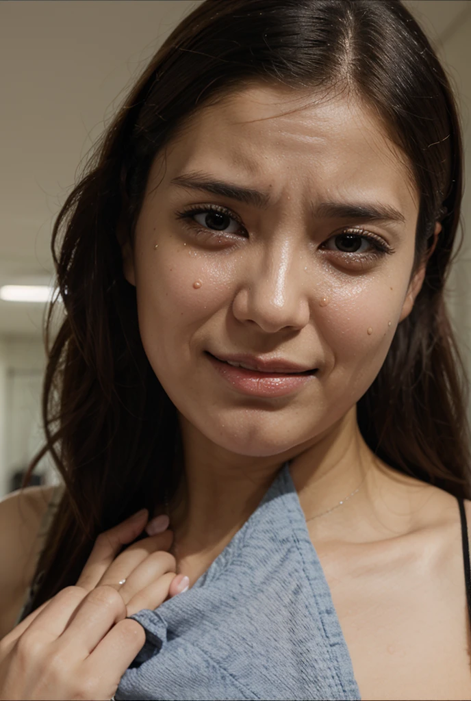 Woman crying a lot Showing her tongue in her bra