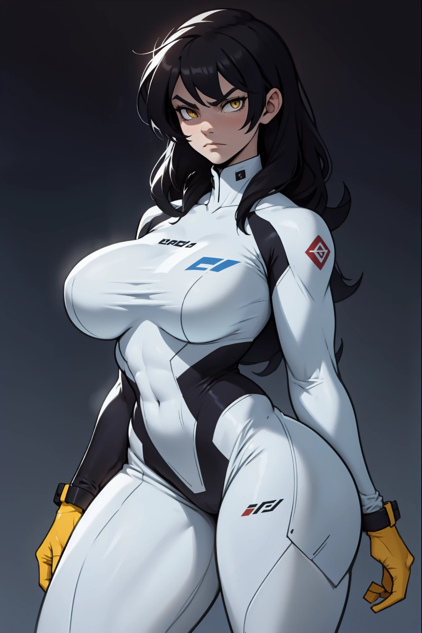 best quality (((((girl muscular thick thighs))))) (full bodysuit cowboy-shot) pale skin black hair yellow eyes very long hair angry