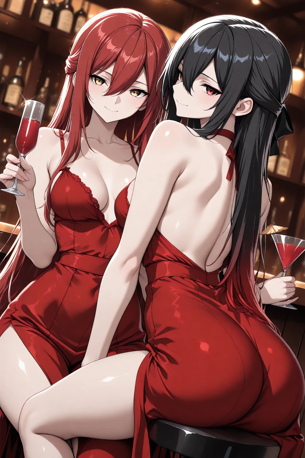 Two hot looking sluts, firm ass and tits, bending over, long cocktail dress, wet pussy,, sexy, long red hair