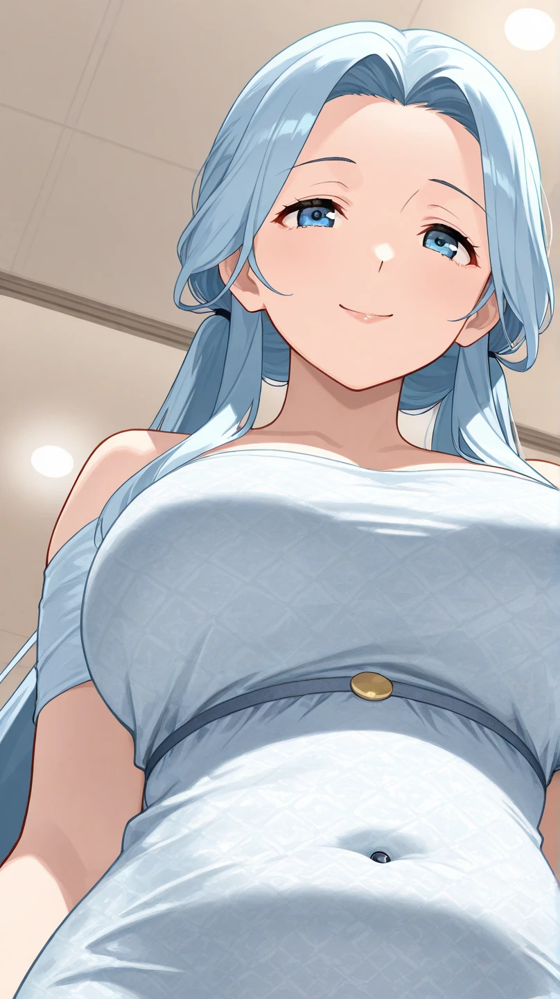1girl, smile, close up, castel, blue hair,happy, room, big breasts, grey eyes, cleavage, bed, navel, blush, hands on own breasts, grabbing breasts, grab breasts, shy, breasts out, armpits, sweaty armpits