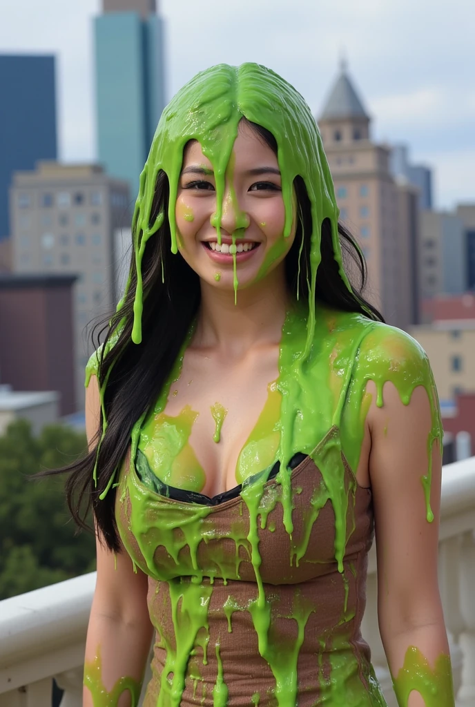 Shocked Asian woman covered in green slime, covered in slime!!, green slime dripping, full of greenish liquid, green slime, green slime everywhere, character is covered in liquid, slime, dripping goo, oozing slime, wet and slimy, beautiful green liquid, expressing humiliation, slimed woman, ooze, ((Best quality, 8k, Masterpiece: 1.3)), Sharp focus: 1.2, A beautiful Asian woman with perfect body: 1.4, Slim abdomen: 1.2, ((Layered haircut, Large breasts: 1.2)), (no bra), (cold), (Small), sad face, slime bucket above her head, ((Green slime falling down)) high quality, best quality, masterpiece, 1girl, humiliated, long hair, stage, Tv game show, attractive brunette, slimed woman, ((green slime falling on her hair and face)), woman standing in a glass tank, laughing crowd, shallow depth of field, large audience, Slimed, woman, shocked, photorealistic, full length, bright studio, crowd behind