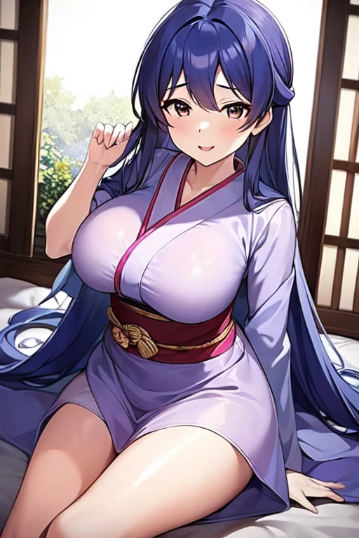 masterpiece, best quality, 1 mature female, Raikou, motherly smile, huge breasts, purple hair, shimacos, underboob,