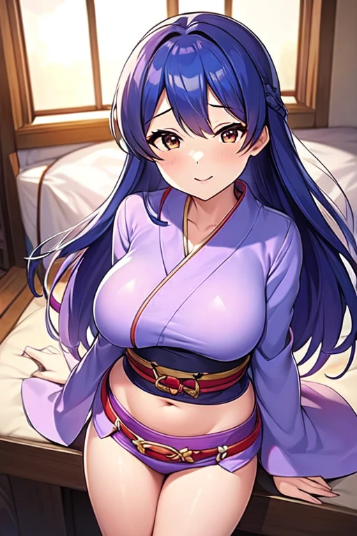 1 girl, Raiden Shogun, Genshin Impact, standing, arms crossed under her chest, pouting look on her face, kimono, purple thigh highs, bedroom, large breasts