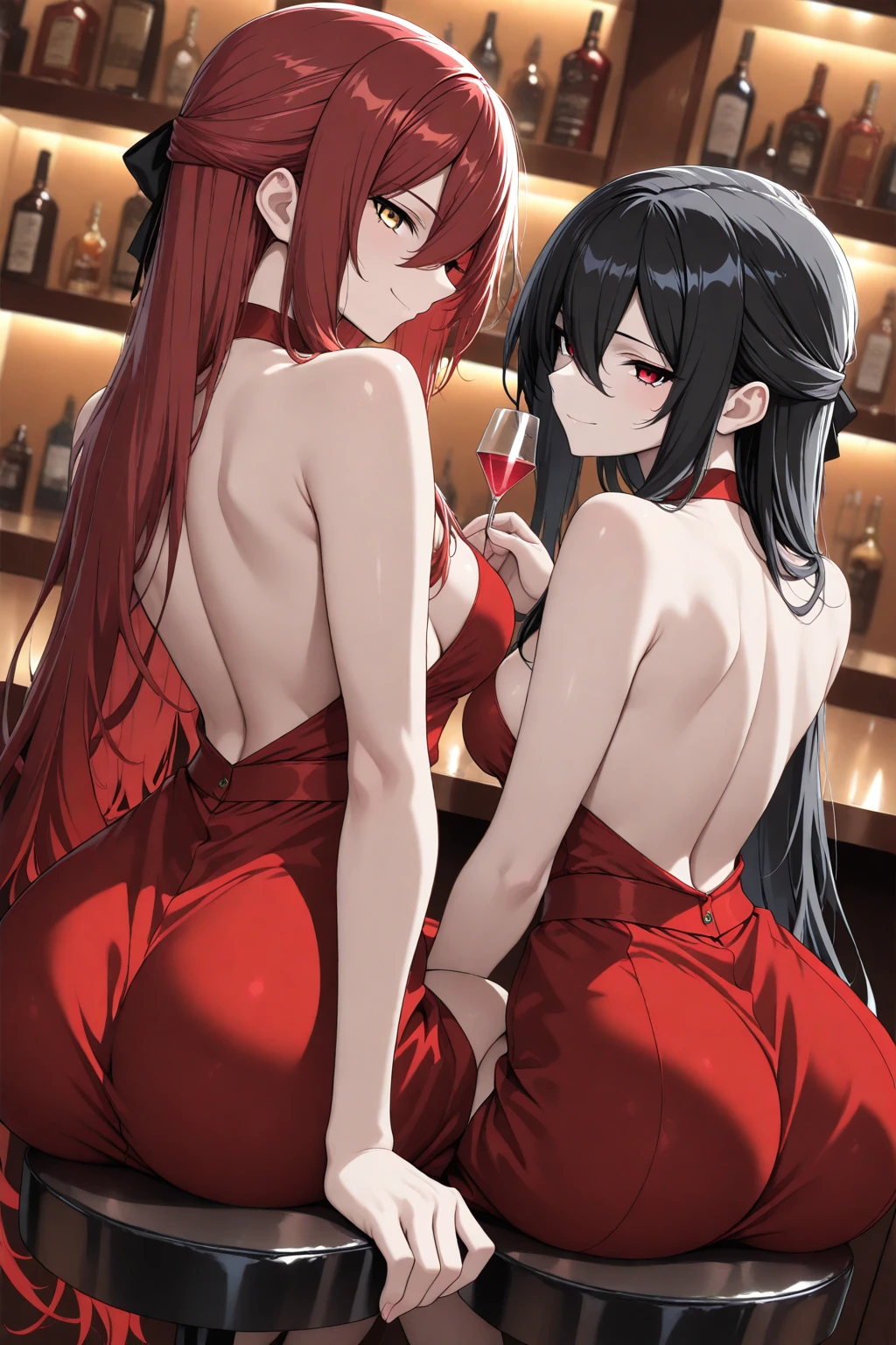a red haired woman with red eyes is going on a date with a black haired woman with brown eyes at a fancy restaurant