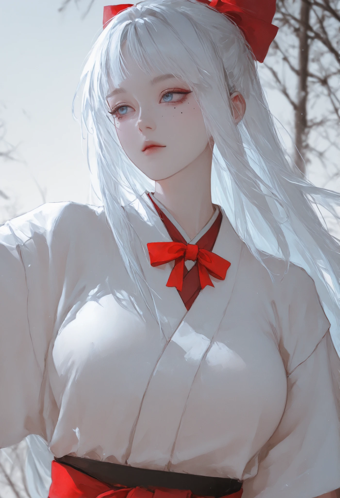 Close-up portrait, solo, 1 girl, beautiful, very long straight white hair, blue eyes, pale skin, weaing japanese uniform, short sleeves white shirt, red bow tie, shiny skin, small mole under her eye, large breasts, outdoor background, pose for pictures, dynamic light, dynamic shadows, cold light pictures, morning.
