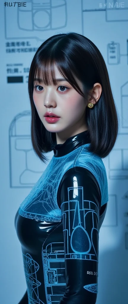 elizabeth from persona 3, ((blue clothes, turtleneck, sleeveless)), hanging breasts, bent over, slender breasts, bent forward, smile, big breasts, 