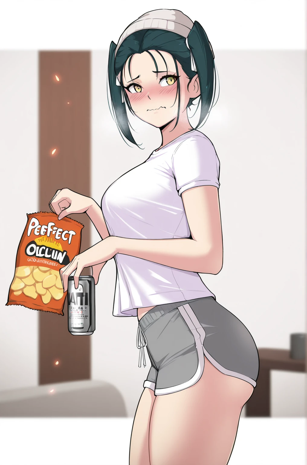 (hioyami-style:1.2), (alecto_0-style:0.8), ((anatomical correct)), ((embers)), ((Cinematic, unreal engine, eye-catching, ambient occlusion, UHD, masterpiece)), ((perfect lighting)), perfect body, perfect eyes, perfect fingers, gasping, heavy breathing, gasping profusely, ((skindentation)), ((curvy)), mato seihei no slave, azuma yachiho, long hair, bangs, black hair, bow, twintails, yellow eyes, hair bow, green hair, plump, 1girl, shorts, dolphin_shorts, solo, can, shirt, looking_at_viewer, white_shirt, holding, short_sleeves, blurry_background, food, blurry, short_shorts, grey_shorts, breasts, indoors, holding_can, cowboy_shot, snack, from_side, chips_(food), standing, t-shirt, ((embarrassed)), blushes, blush face, wavy mouth, beanie