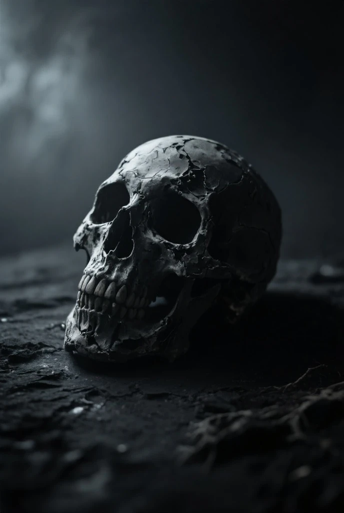 a pile of realistic black skulls darkness like oil, in high contrast to the environment wich is white asseptic and illuminated