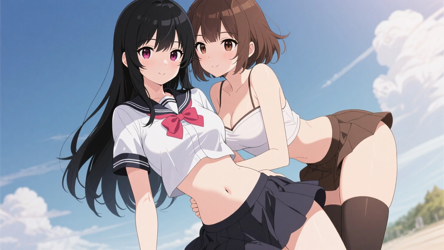 2 girls , Yukinoshita Yukino , Yuigahama Yui's bust and pussy are amazing, waltz dance , white gym uniform,white lace panties,light pink lace panties,thighs,high angle,look at the camera,smile