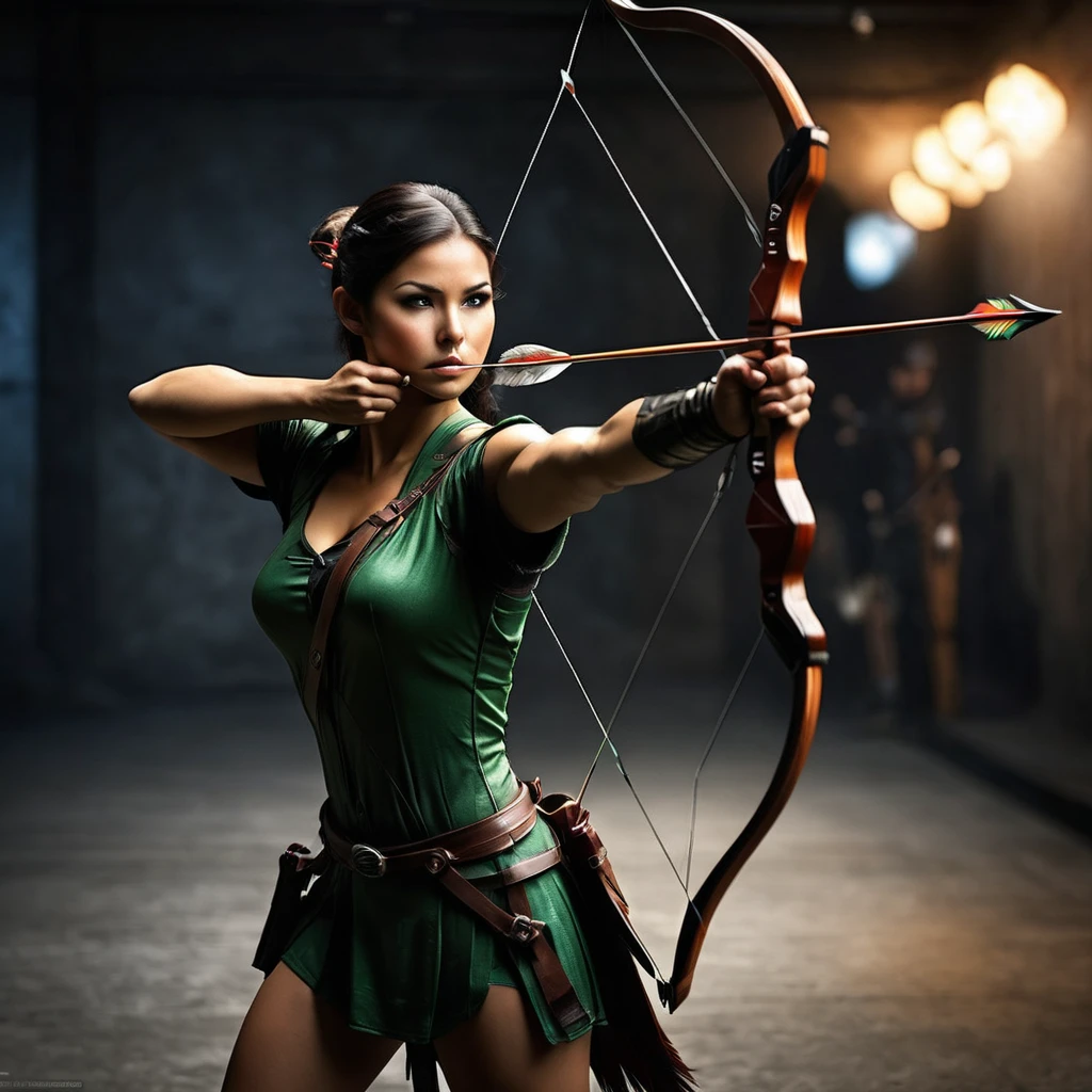 A beautiful woman hunter, wearing a very short skirt and a very short bra, holding a bow in her left hand and aiming an arrow with her right hand. She is in a forest.