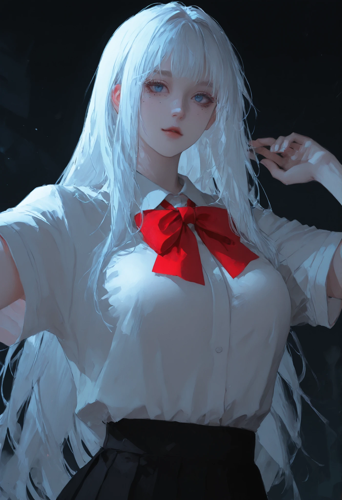 Close-up portrait, solo, 1 girl, beautiful, very long straight white hair, blue eyes, pale skin, weaing school uniform, short sleeves white shirt, red big bow tie on collar, black uniform skirt, shiny skin, small mole under her eye, large breasts, outdoor background, pose for pictures, dynamic light, dynamic shadows, blue tone picture, morning.