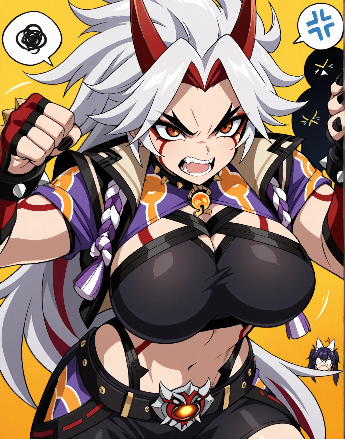 yor briar, anime style beutiful woman, 1girl, happy, sexy pause,(with sparkling eyes and a contagious smile:0.9),red face, closed mouth, beautiful detailed eyes, super detailed skin, backlighting, bare shoulders, black background, black dress, black gloves, black hair, breasts, dress, earrings, fingerless gloves, floating hair, floral print, flower, gloves, gold earrings, gold hairband, hair flower, hair ornament, hairband, holding, holding weapon, jewelry, large breasts, long hair, looking at viewer, off-shoulder dress, off shoulder,red eyes, short hair with long locks, sidelocks, solo, spikes, thighs, two-sided dress, two-sided fabric, weapon, fighting stance , face, close up, from above, highest quality, looking at viewer,high resolution.