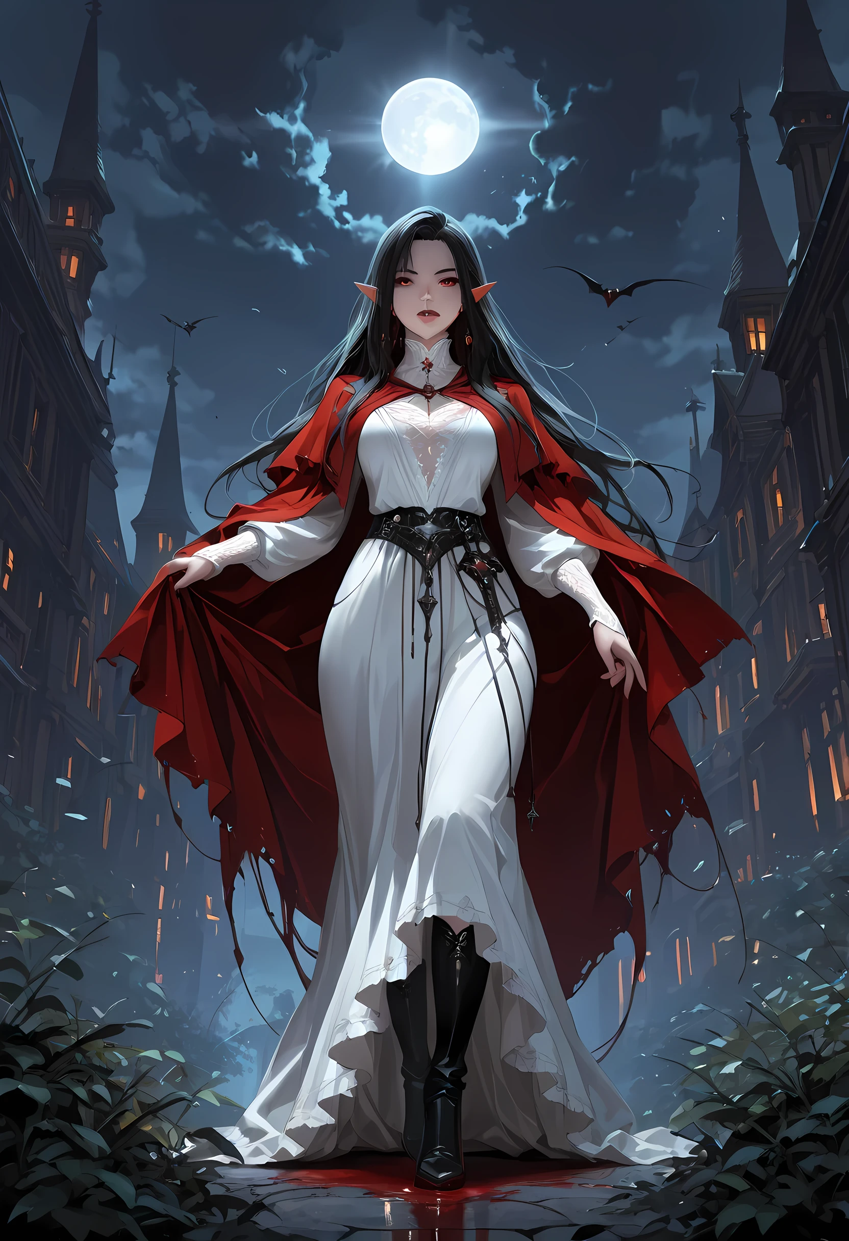 portrait of a vampire, elf  with a long curvy hair, dark color hair, red eyes, ((beautiful delicate face)), Ultra Detailed Face (intricate details, fantasy art, Masterpiece, best quality), visible vampiric fangs,  red cloak, flowing cloak , wearing an intricate leather white dress (intricate details, gothic art, Masterpiece, best quality), high heeled boots, blood dripping on lips,  dark fantasy art, gothic art, (masterpiece), full body best details, highly detailed, best quality, highres,  goth urban background (intense details, beat details), fantasy, at night light, natural ,moon light, soft moon light, moon rays, clouds, gothic atmosphere, gothic street background, bats flying in background, soft light, dynamic light, [[anatomically correct]], high details, best quality, 16k, [ultra detailed], masterpiece, best quality, (extremely detailed), dynamic angle, ultra wide shot, RAW, photorealistic, Aesthetic_PDXL