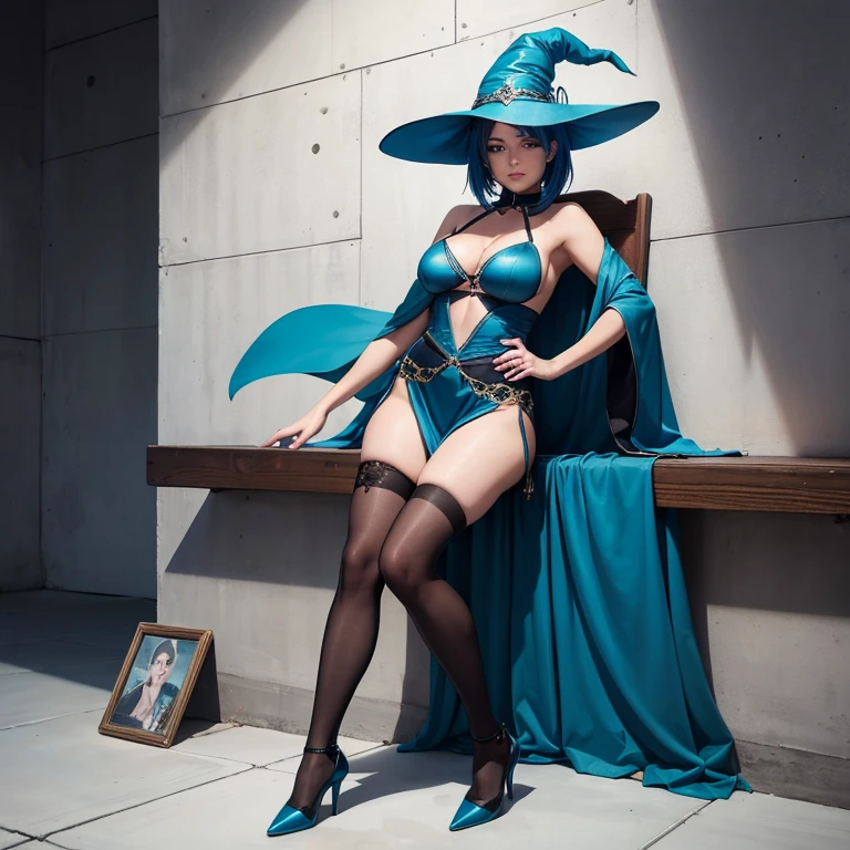 (Female wizard), beatiful girl, blonde, thin girl, thin waist, small breast, slender legs, gap between thighs, (witch hat), stockings, elbow gloves, short dress, (blue dress), (skirt lifted by herself), (no panties), cowboy shot ,medieval fantasy, D&D, RPG, best quality, masterpiece, ultra-realistic, 8k, nsfw,