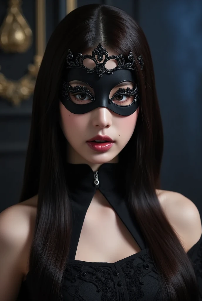 an Asian girl in low-cut black gothic clothing, wearing a black elegant mask to a masquerade ball, big and long hair, Uzzlang, jennie face, Stripe, face mask elegant prom