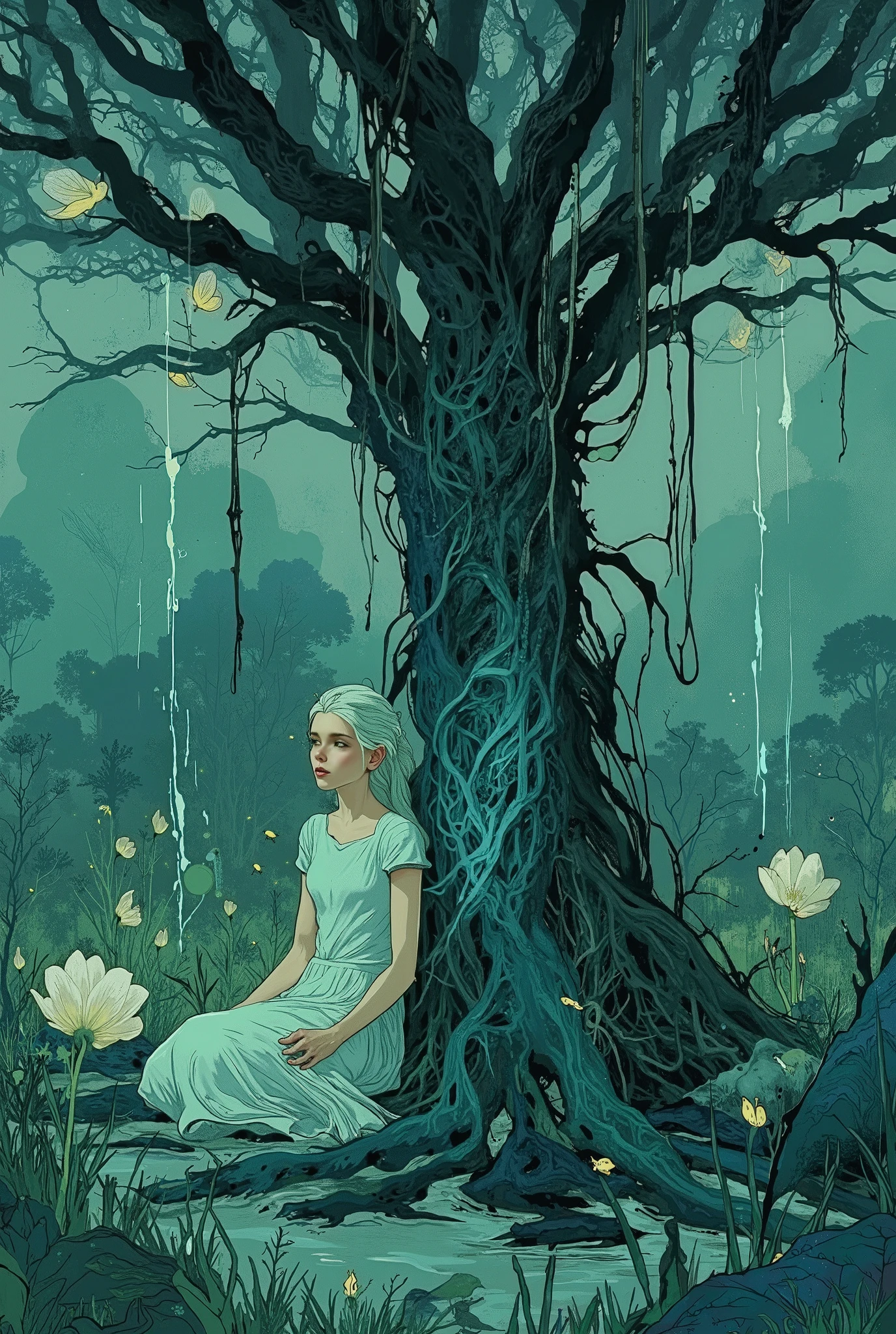 masterpiece, high-quality, A mystical woman sits cross-legged in a field of bioluminescent flowers, her long hair cascading into the earth and transforming into sprawling roots that twist and wind to form glowing forests and rivers. The camera frames her in a low, wide-angle view, capturing the surreal transformation of her hair into intricate landscapes that stretch into the hazy, dreamlike horizon. Tiny glowing insects flutter around her, their faint trails adding motion to the tranquil, hyperdetailed setting. Her serene gaze and the organic flow of the scene evoke a sense of vastness and interconnected beauty