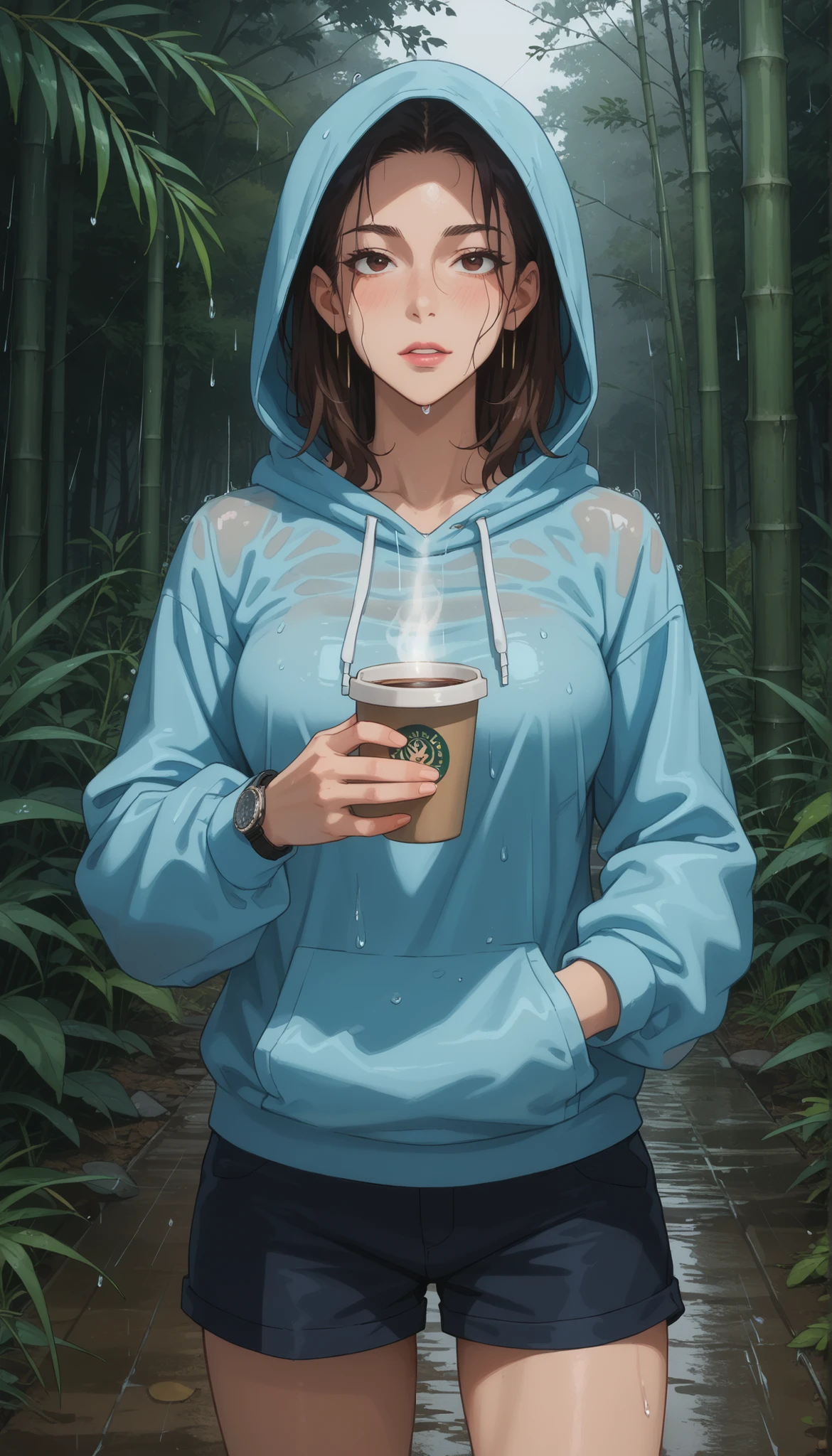 A girl with a nice body and nice breasts lounges under a thatched beach cabana, her perfect face softly lit by a warm lantern. Rain falls gently around her as she sips hot coffee, wearing a loose hoodie and shorts. Her perfect eyes watch the raindrops slide down the bamboo screen, surrounded by a cinematic rainy night atmosphere.