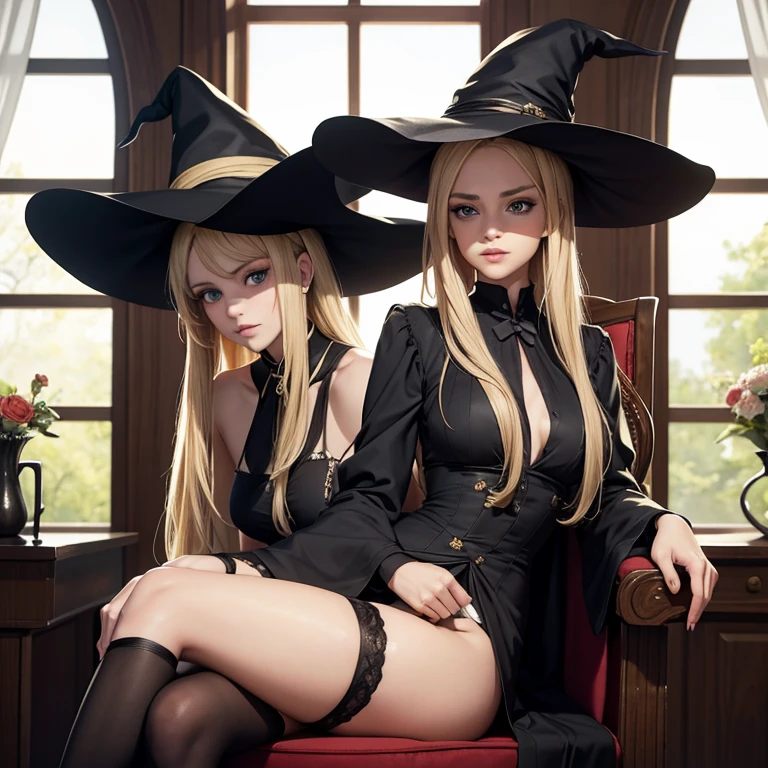 Two girls without clothes with small breasts, Wet blondes with long curly hair, Schoolgirls, sharing gymnastics exercises, flexible bodies, bright green eyes, Mysterious expression, very young looking, glamorous interior, A lot of gold, flowing fabrics, elegant gold jewelry, Intricate Jewelry, Magic symbols, Luminous Accessories, Potions. Lovely Accents, Ribbons, black and gold (((completely naked))), long beautiful legs spread apart, narrow hips, thin waist, Stiletto heels, black stockings, black lace gloves, black hat, shiny with water, drops of water on the face and body, Witchcraft Rite, witchcraft, (((On knees))), arching back, Rear view - bottom up, Sexy teasing faces of girls in ecstasy, obscenity, juice dripping, (((NSFW)))