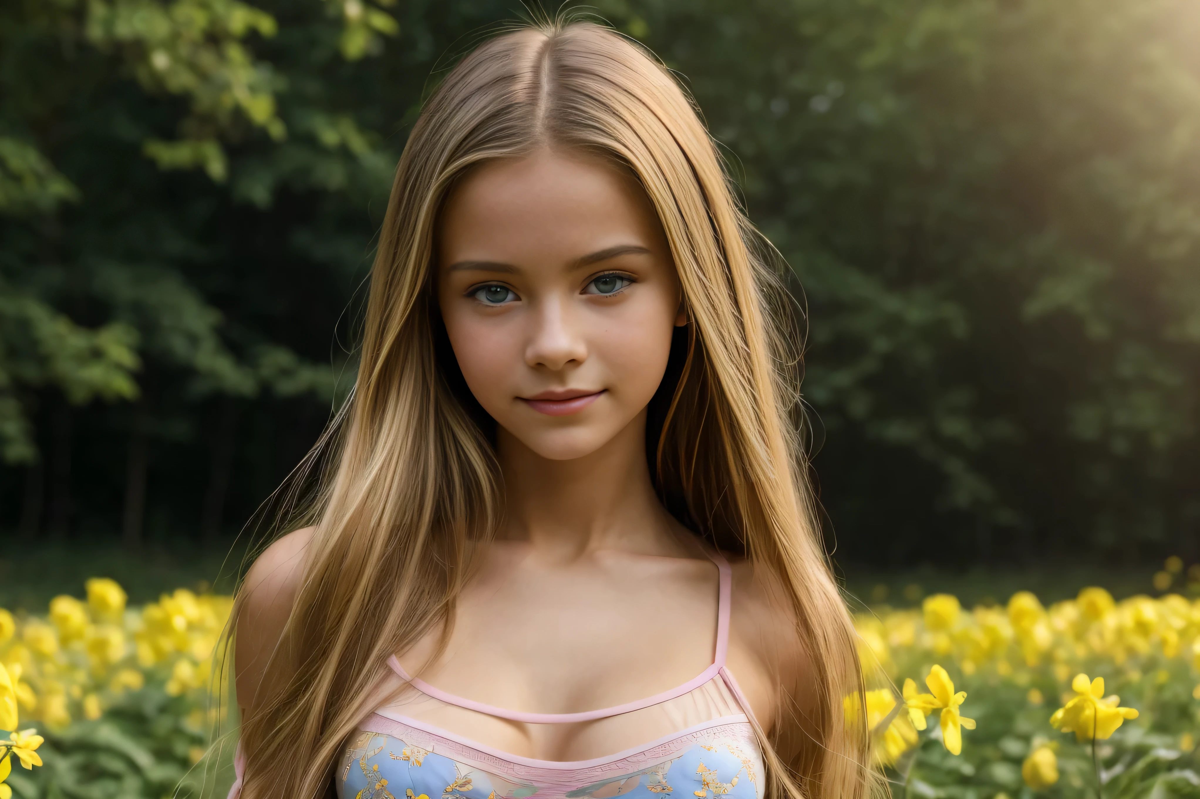 bright look、photorealism、, posing nude, highest quality、Super high resolution、The most beautiful Nordic girls photos、cute and beautiful face details、small face、big breasts、Slender、15 yystal clear white skin、big light blue eyes、long straight hair, 32C breasts, nice smile, camera focus on her long legs,