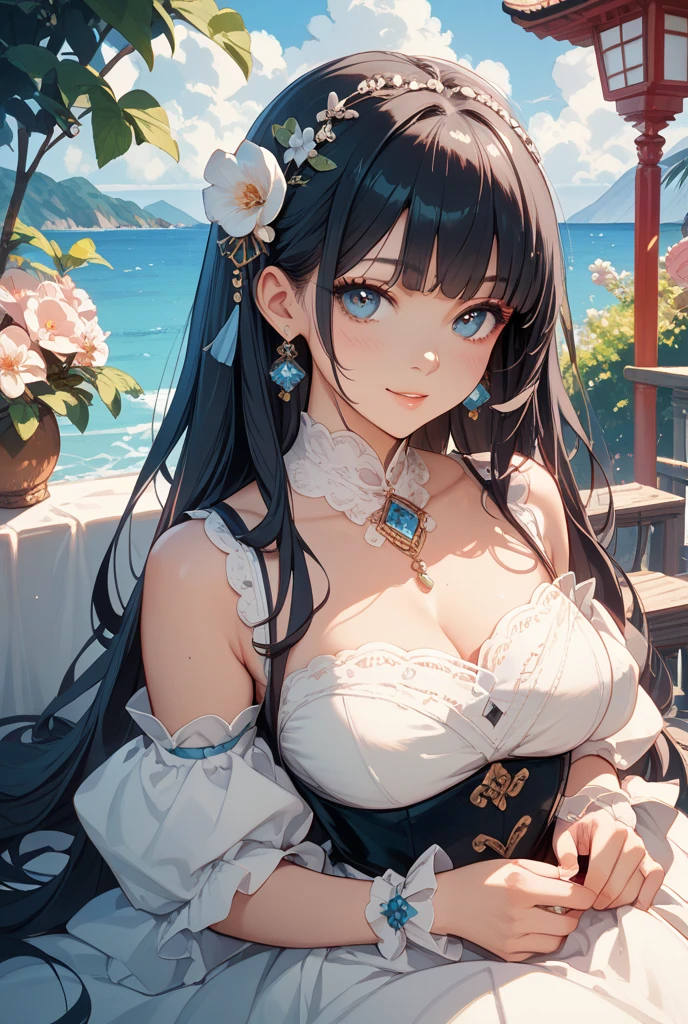 Photorealistic、Highest quality、Highest Resolution、Highest quality、８Ｋ、1人のBeautiful woman、Beautiful woman、Beautiful woman、Big Breasts、smile、looks fun、flower束を持つ、flower、flower束、