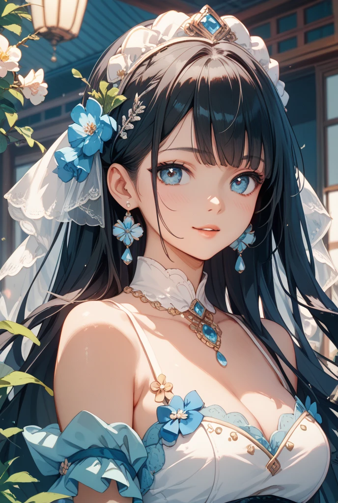 Masterpiece, best quality, extremely detailed CG unity 8k wallpaper, daytime, fair skin, long eyelashes, long hair and waist, black hair, gradient hair, turquoise at the end of the hair, turquoise eyes, straight hair, white aristocratic long dress, beautiful long neck, bumpy figure, front, upper body, highest image quality, aesthetic, extremely beautiful