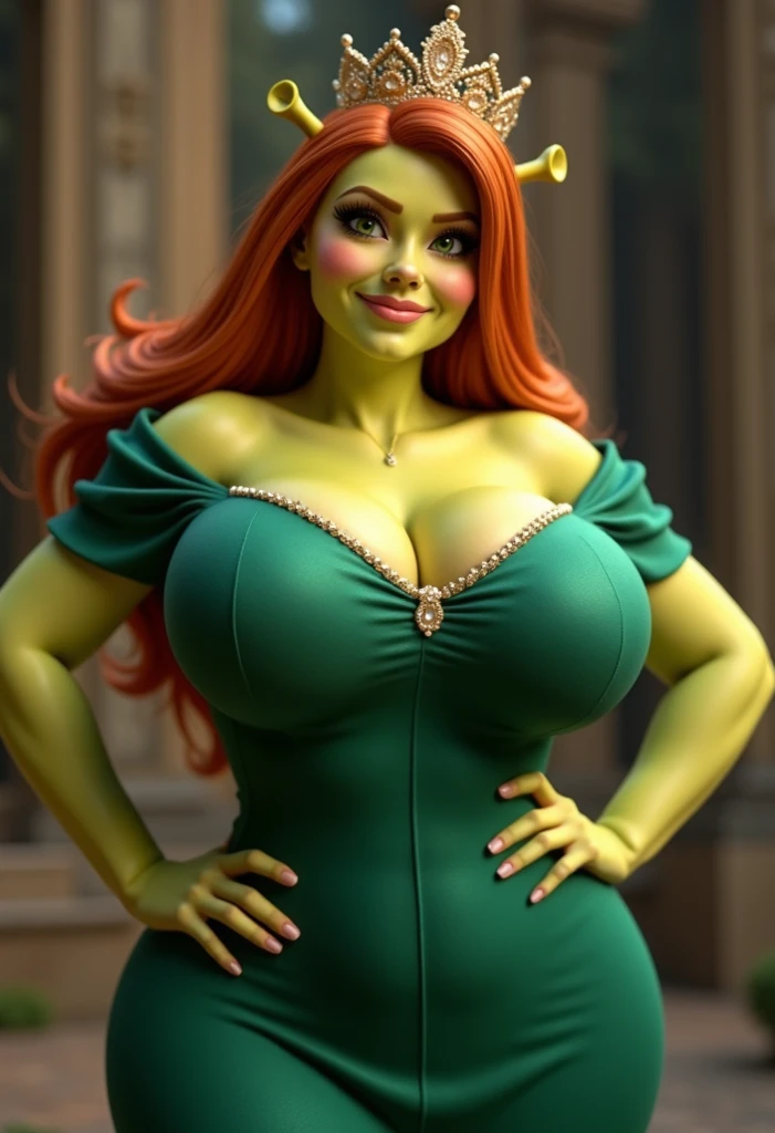 a Disney princess Fiona from Shrek in her ogre form. She is wearing far too tight blue jeans and a very tight green tube top. She is extremely voluptuous, and shows her body off. Her hips are wide, her ass is very thicc and her breasts huge. Her hair is fiery red and seems to glow. Her expression is dominating and shows her superiority. She is looking down at the viewer from above with a mixture of lust and bossy attitude. Her posture and face make it clear, that she demands submission.