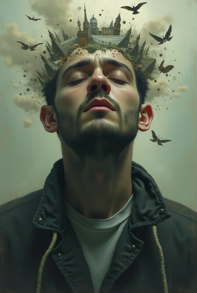 Foreshortening view a guys sitting in a dark room blindfolded tied up with thorn shackles, daisy flower crown on his head, a light shaded up his head , he is bleeding from his arms and bodies from scars , small bandages on the body background is full of daisy flowers and swirly clouds