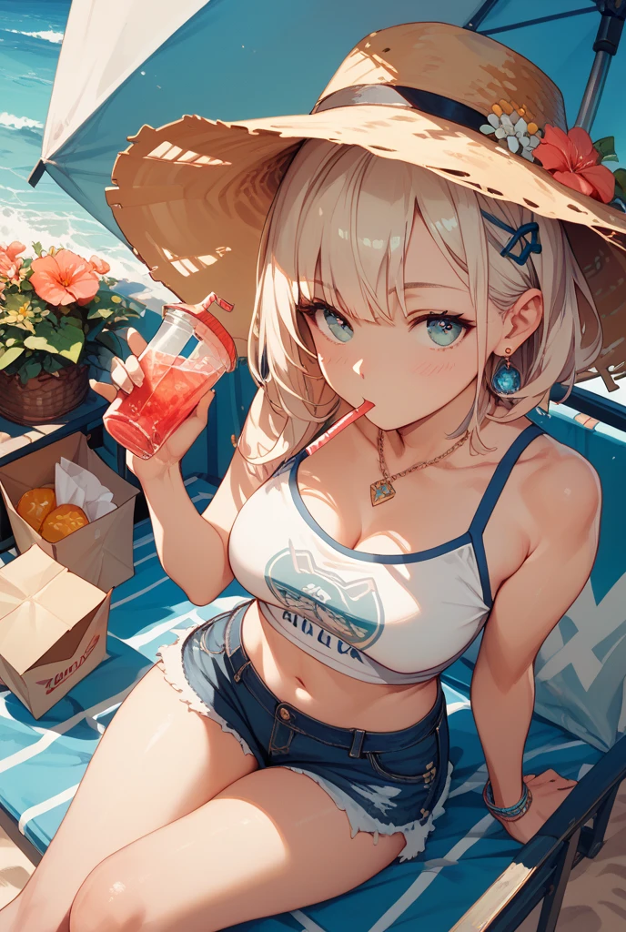 {{Master Masterpiece}}, illustration, best quality, extremely detailed CG Unity 8k wallpaper, 1 girl,A lively girl, on the beach, on the beach, fruit and drink on the table, blonde hair, short ponytail, swimsuit, sunshine,A brilliant smile, ice, white bikini, shirt, Orange, 16 years old, straw hat,Raise your hand and cheer,