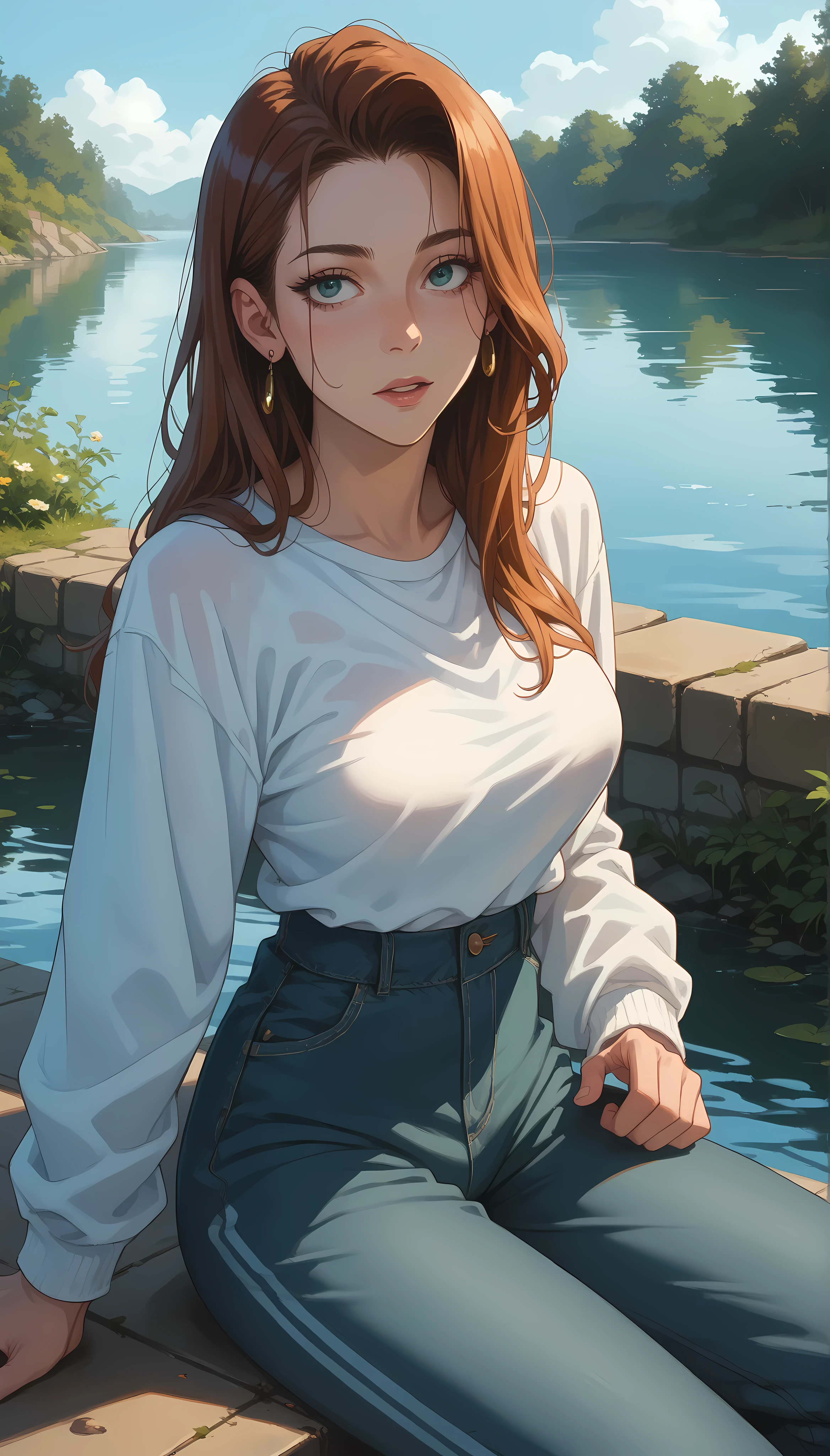 A girl with a nice body and nice breasts sits on smooth stones at the riverbank, watching the golden light reflect on the water. Wearing a knit top and loose pants, her perfect face shines gently, perfect eyes mesmerized by the shimmering scene.

