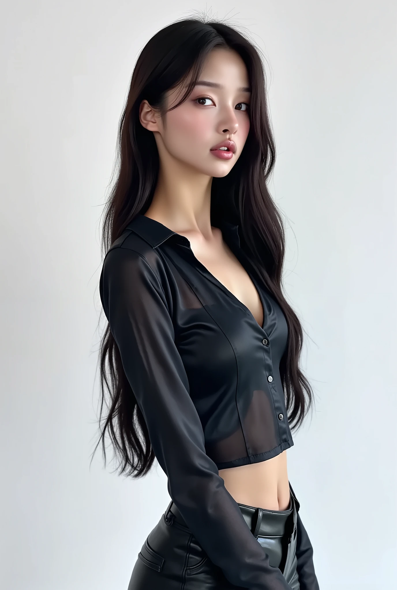 side profile image of an Korean woman, instagram model with a shiny white satin button down shirt, black leather pants, side view, white studio background