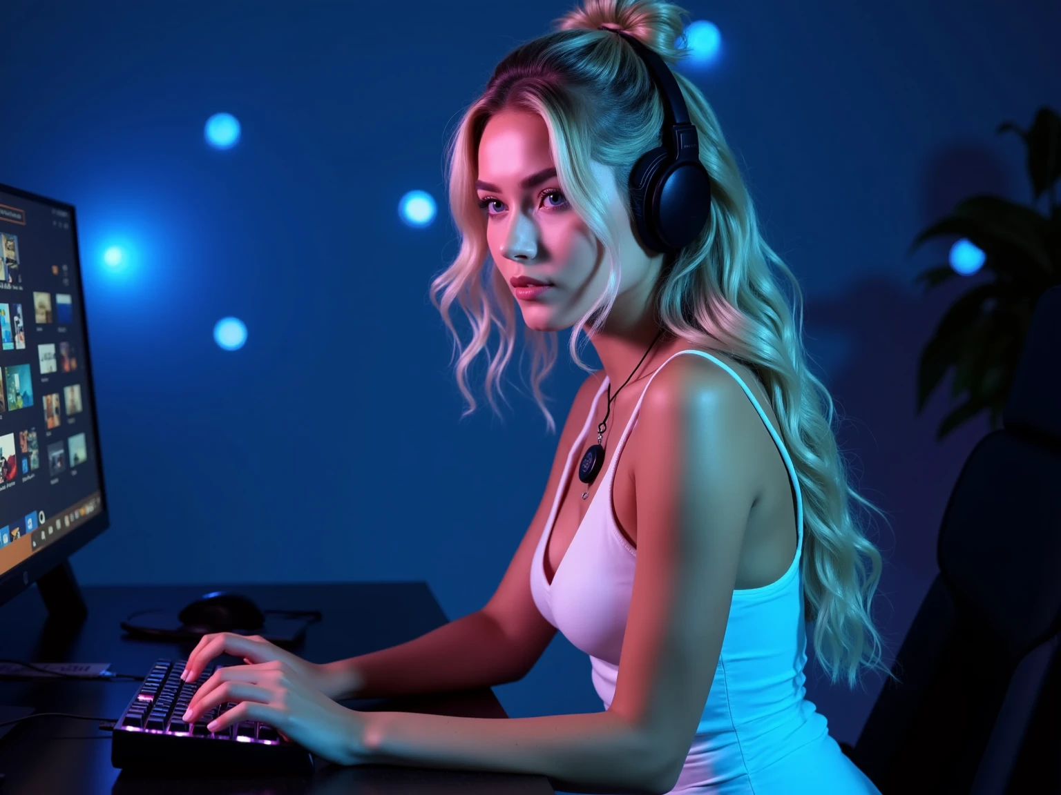 a young blonde woman of 22 years old, sitting in a gaming chair, wearing gaming headphones with microphone, hyperrealistic, selfie, highly detailed, realistic face, detailed skin texture, beautiful eyes, lush eyelashes, delicate nose, sensual lips, gaming setup, RGB lighting, dynamic pose, flawless rendering, cinematic lighting, warm color tones, photorealistic, unreal engine, 4k, octane render, studio lighting
