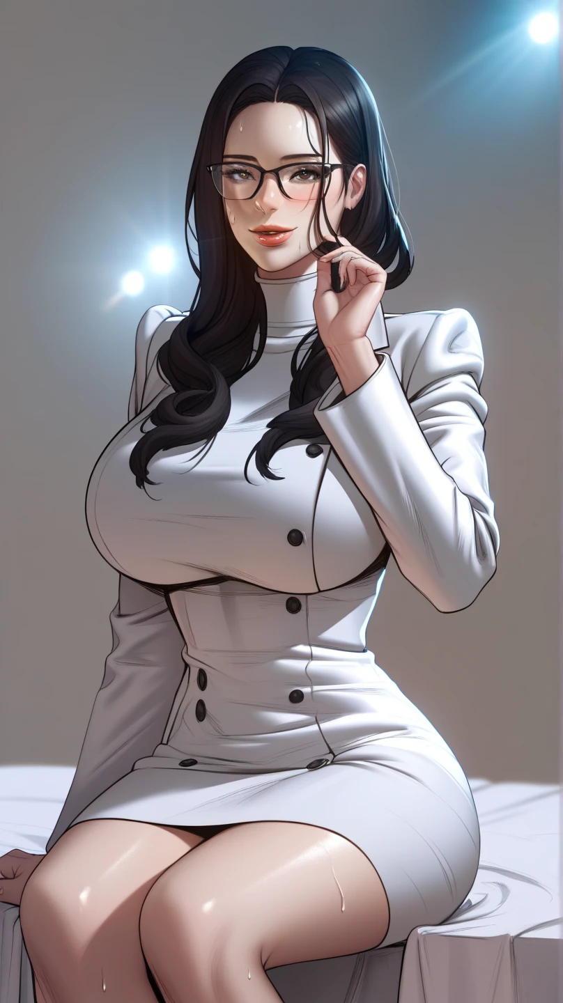 1girl, (solo:1.5) sayla mass, elegant, masterpiece, intricate, realistic, best quality, absurdres, (unzipped dress:1.5), open collar, chocker, showing breasts, downblouse, high face detail, perfect eyes, 18 years old, full figure, illustration, vibrant colors, white uniform, skirt, looking at viewer,