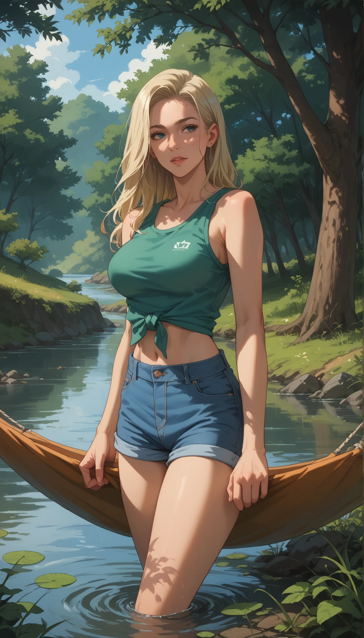 A girl with a nice body and nice breasts relaxes in a hammock tied between two trees near a wide, flowing river. She wears a sleeveless tee and shorts, her perfect eyes half-closed, enjoying the breeze, her perfect face bathed in soft afternoon light.