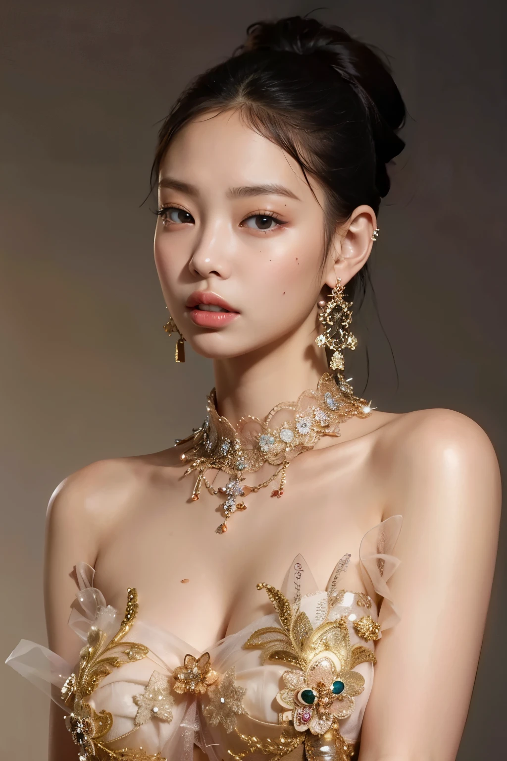 ((​masterpiece:1.4)、(top-quality:1.4)、(reallistic:1.7))、masuter piece:1.4、(Top-of-the-line rendering:1.4)、Ultra-realistic portrait of a beautiful Martian queen、Super beautiful girl queen、((1girl in:1.4))、Shiny natural skin texture、(Gorgeous Brilliant Queen Costume:1.4)、(An outfit that emphasizes beautiful breasts:1.4)、age19、(Cute tattoos:1.4)、(Perfect female body:1.4)、Portrait photo of a girl、(standingn:1.4)、(Upper body photo:1.4)、Fantasyart、Soft front light、美丽的面容、Beautiful udder、large full breasts:1.2、Sexy ass、A detailed eye、Beautiful and attractive eyes、beautidful eyes、Narrow waist、beauty legs、Raw photo、red-lips、Red high heels、(tiarra:1.4、a choker:1.4、a necklace:1.4、耳环:1.4)、1 screen display、Under the Martian Moon、A super beautiful queen standing in the square of the royal palace