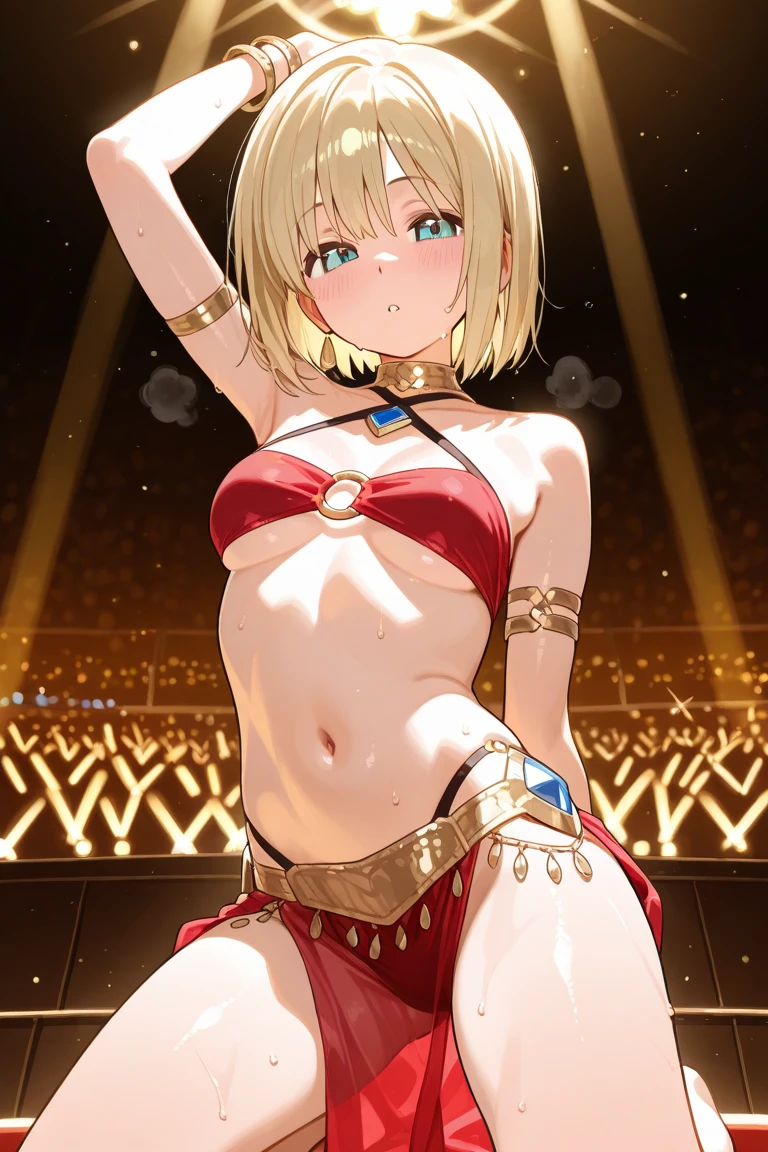 nsfw:1.5, Top quality:1.2, best quality:1.2, ultra high resolution, masterpiece:1.2,4K, 8K, 32K, detailed lighting, shaders, perfect anatomy, perfect proportions, highly detailed, ultra detailed, super detailed:1.2, perfect eyes, perfect face, very delicate and beautiful, illustration, sharp focus, very beautiful and detailed anime face, very detailed eyes, cute:1.2,  impressionistic:1.2, blurred background,

BREAK

1 woman, (Beautiful busty woman in her 20s),(dark skin:1.6), (Perfect proportions: 1.4), (Small pink areolas:1.2),  (Pointy upward nipples:1.2),(Full and beautiful breasts: 1.7), (Perky breasts: 1.5), (Thin waist: 1.2), (trimmed cute pubics hair:1.4), (Slender figure: 1.2), (beautiful buttocks:1.1),

BREAK 

(Beautiful blonde hair: 1.4),(shiny straight long hair), (Bangs swept to the side, show forehead: 1.3),(Roses hair ornament:1.2),

BREAK 

(Happy smile:1.2), (embarrassed:0.8), (blush:1.2)

BREAK

(Belly Dancer:1.3), (hip belt:1.2),BREAK  (naked:1.7), (White choker:1.4) (Necklace, bracelet, anklet: 1.3),( Nipples and breasts are not covered), ( show off pubic hair ),

BREAK 

( Sexy Dance:1.5), (profile:0.5),(looking away:0.5)

BREAK 

(Bust up shot), (from below),

BREAK 

(Roman Arena:1.3), (dusty air), (Bustling audience),( Applause),(Wide-angle)
