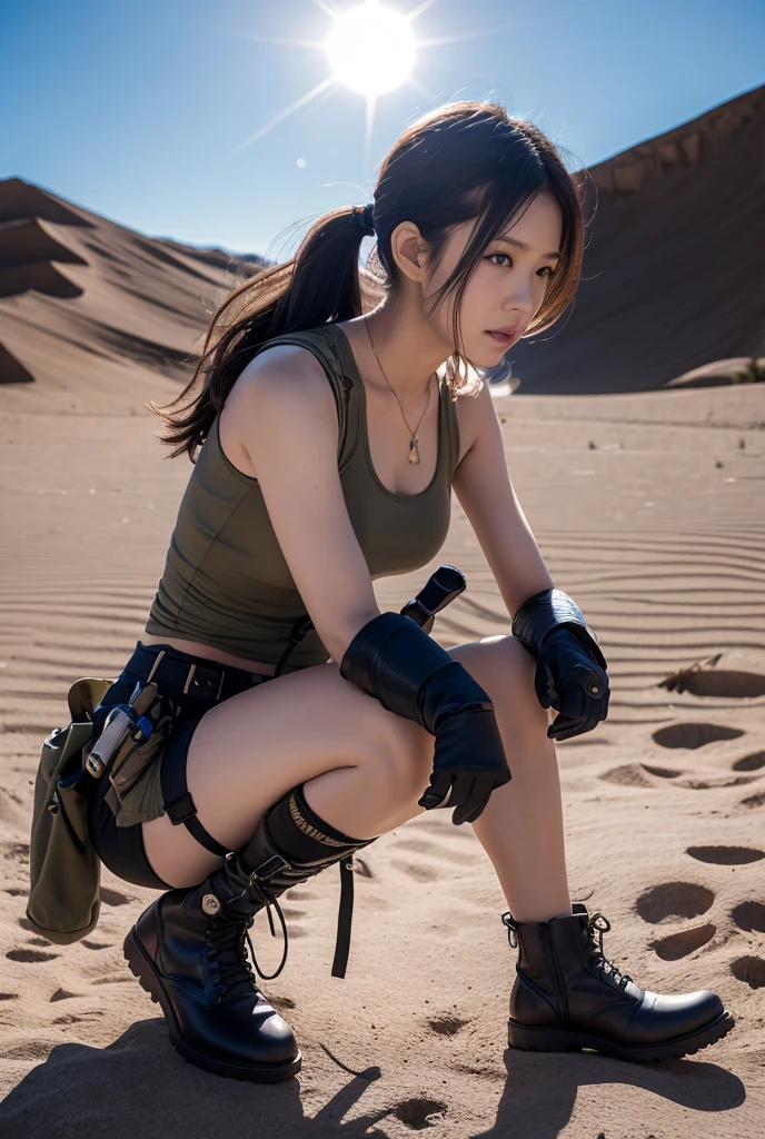 Classic Lara Croft | Tomb Raider (v1.0) Lara Croft, single braid, black tank top suit, brown shorts, fingerless gloves, holster, sexy expression, sexy eyes, medium breasts, smile, cute, looking at viewer, long hair, (breast focus: 1.2), (natural skin texture, hyperrealism), (photorealistic:1.4), (full body: 1.5), (full shot: 1.2), (realism), (masterpiece: 1.2), (best quality), (ultra detailed), (8k, 4k, intricate), (85mm), light particles, lighting, (highly detailed: 1.2), (detailed face: 1.2), (gradients), colourful, (detailed eyes: 1.2), (detailed desert: 1.2), (detailed background), (dynamic angle: 1.2), (dynamic pose:1.2), (rule of third composition: 1.3), (Line of action: 1.2), wide shot, daylight, solo.