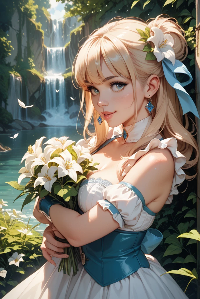 ((Barbara_Genshin Impact)):1.5,((masterpiece,Highest quality,Highly detailed images,Beautiful images))(Barbara images,Beautiful lake、Bright natural light throughout、Backlight、A fantastic atmosphere、Dust flutters、background:GB)1.3,(Barbaraの全身像、from the front)、(Mid-chest、Great cleavage), (smile)