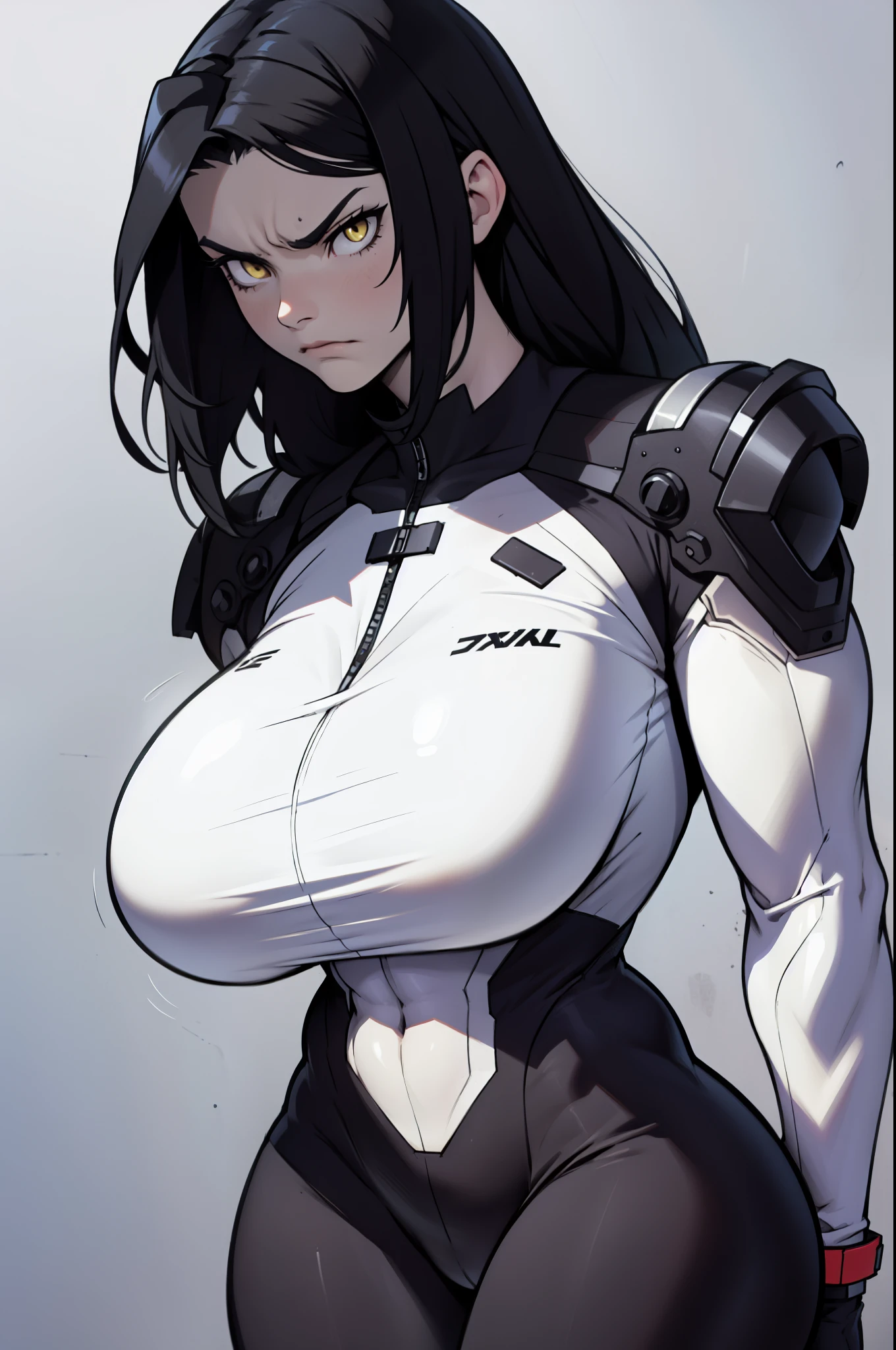 pale skin solo 1 girl black hair yellow eyes angry very long hair dark atmosphere ((huge breasts bodybuilder toned body muscular)) white skinsuit