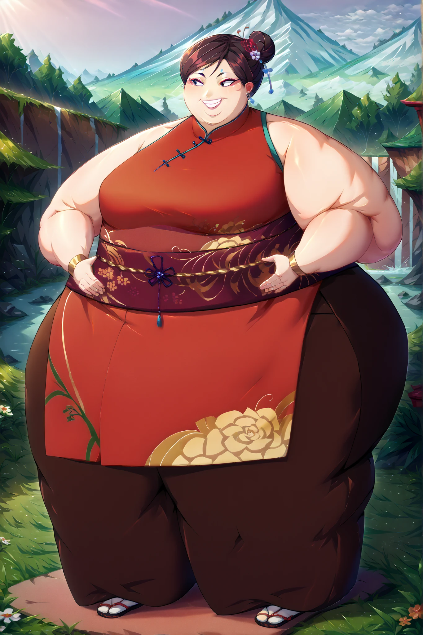 (masterpiece, best quality, high resolution, unity 8k wallpaper, extremely detailed CG:1), (illustration:1.0), 1girl,solo, Chinese clothes, sash, bare shoulders, pants, sleeveless, full body, outdoors, smile