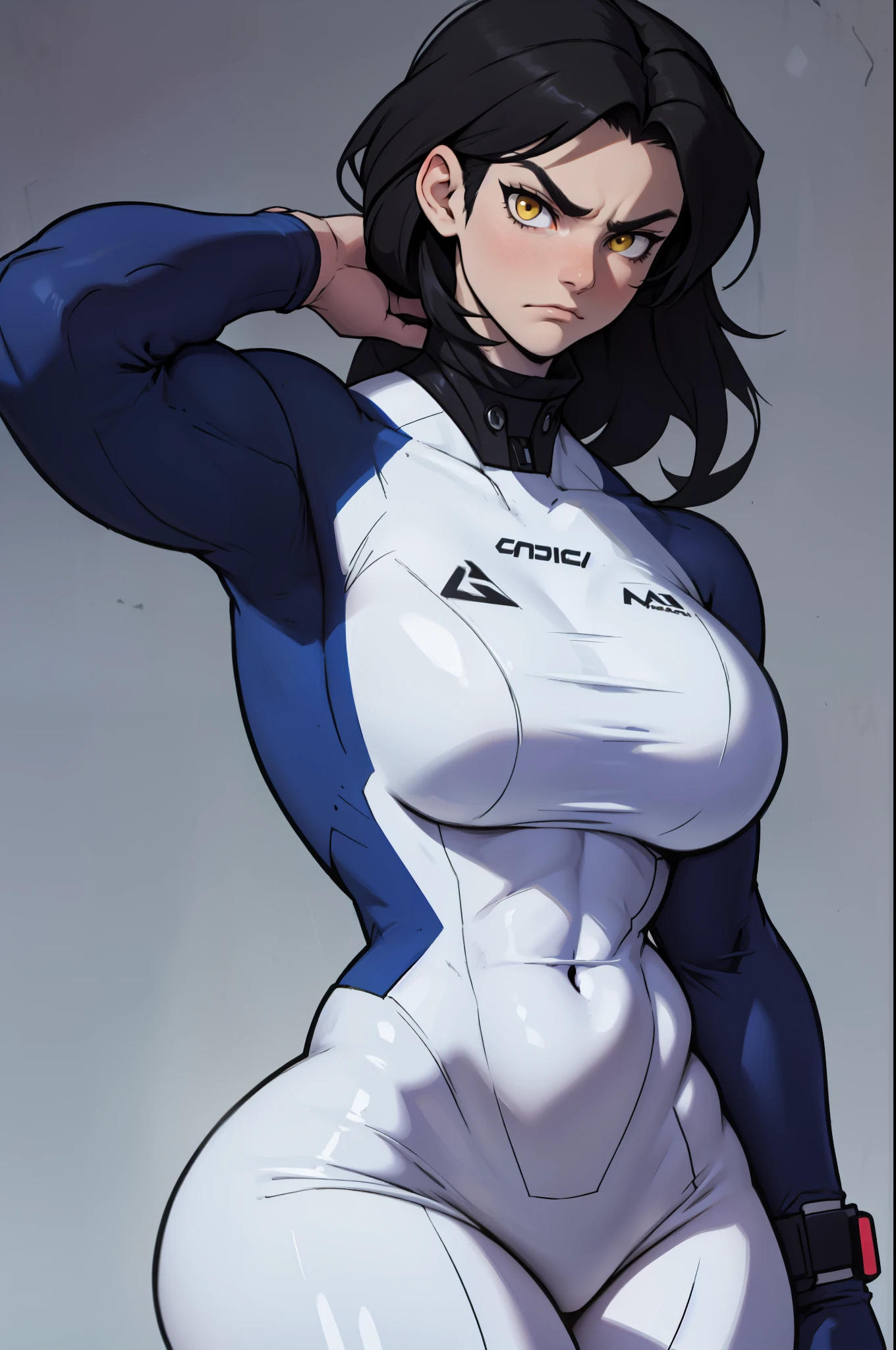 wide hips curvy thick thighs voluptuous large breasts muscular toned body black hair pale skin yellow eyes skintight suit expressionless sad thick thick thick