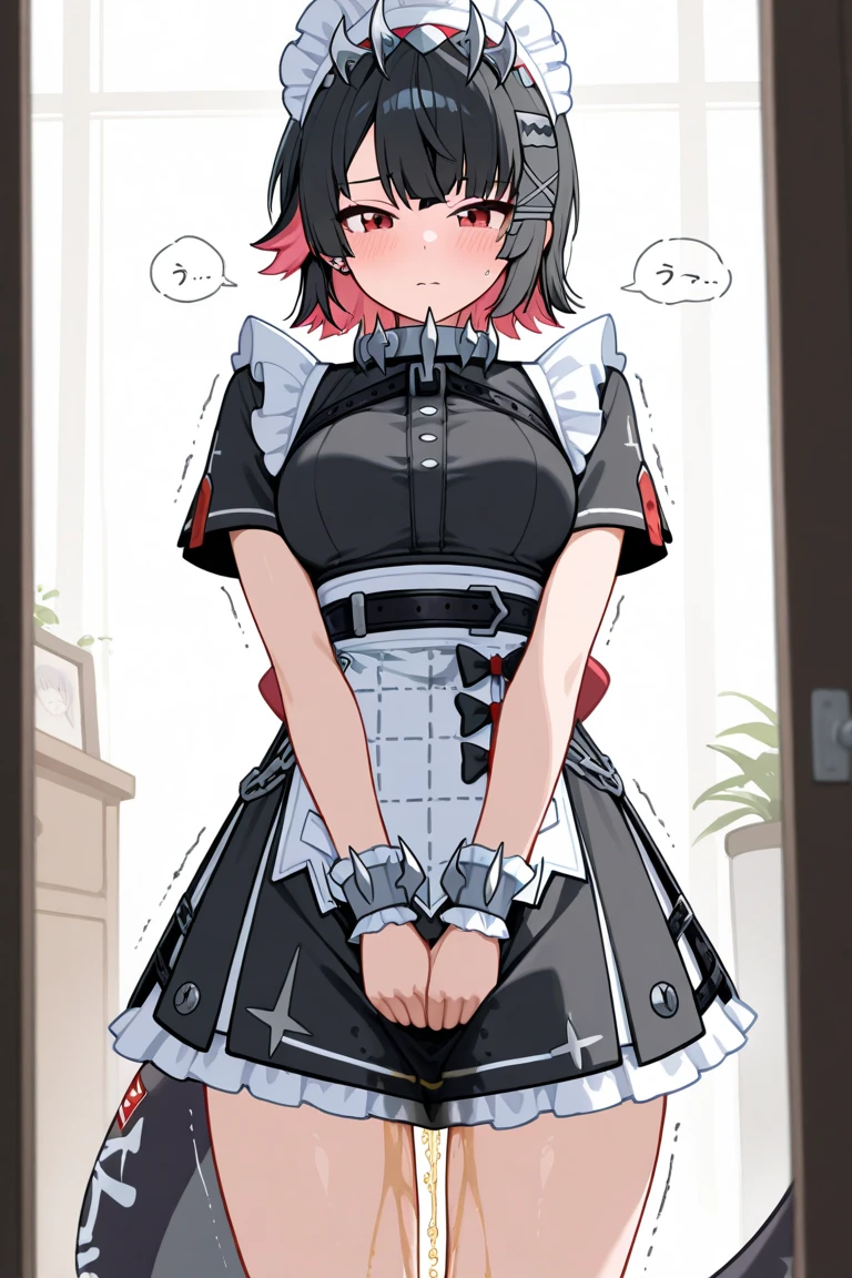 (((masterpiece,Highest Resolution,4K High Resolution,Crisp image quality:1.3)Pussy juice(Detailed Hair,garter belt,One Girl(Large Breasts) ,Maid,, Wrist cuff, Maidheaddress, Red eyes ,Two-tone hair with red on the inside,high school student,Vaginal cross section,A situation where a man and a girl are having intense sex)