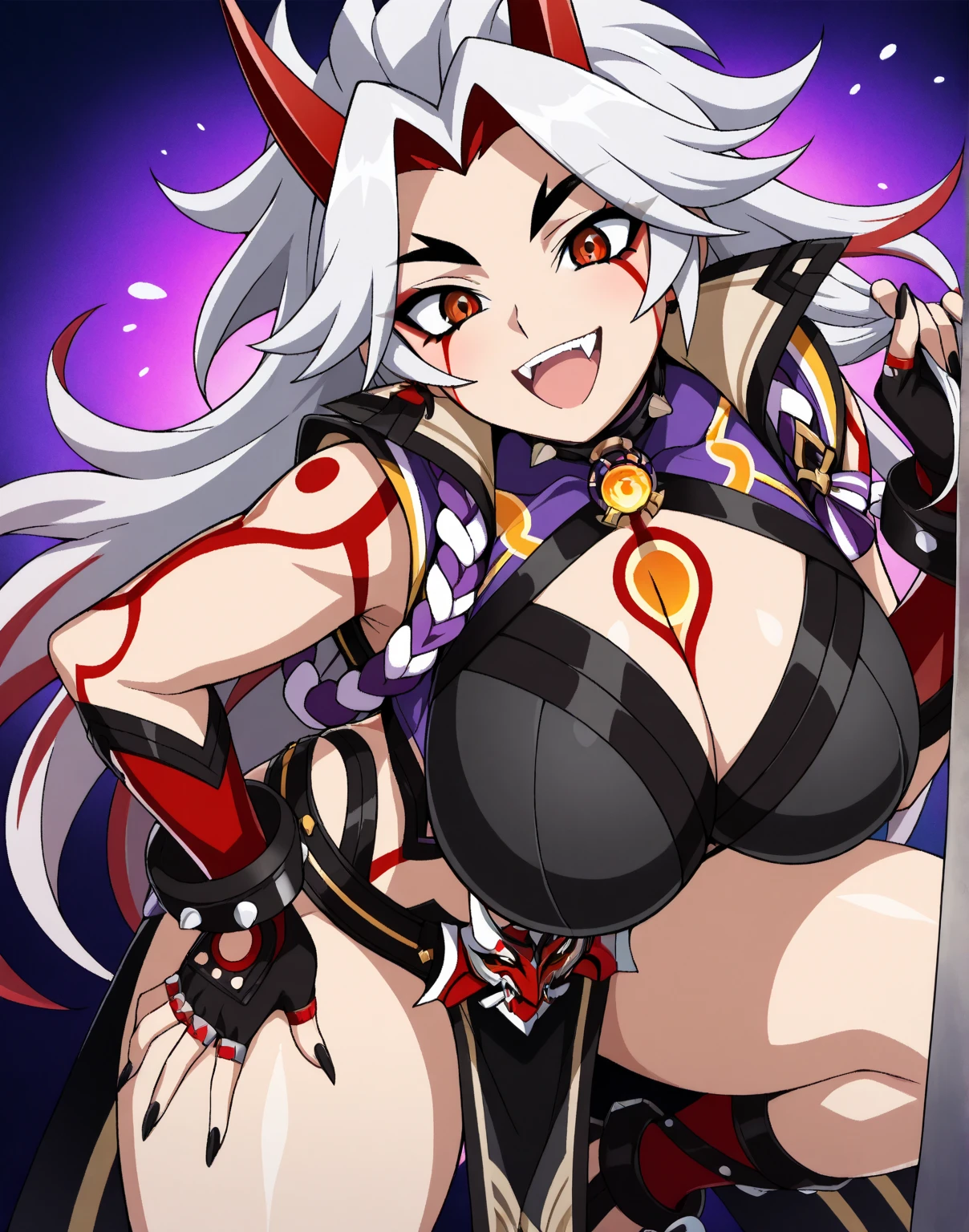 (holding a Japanese-style fan)、(red cat eyes)、Solo,Silver hair、(twin tail hair:1.5)、(ONI horns)、girl with horns、(SAMURAI),High Leg Armor、(((Japanese armor)))、(((Fishnet tights)))、cleavage、big breasts、 ferocious smile,open your mouth and laugh、fang、Japanese shrines、torii、sunset time
