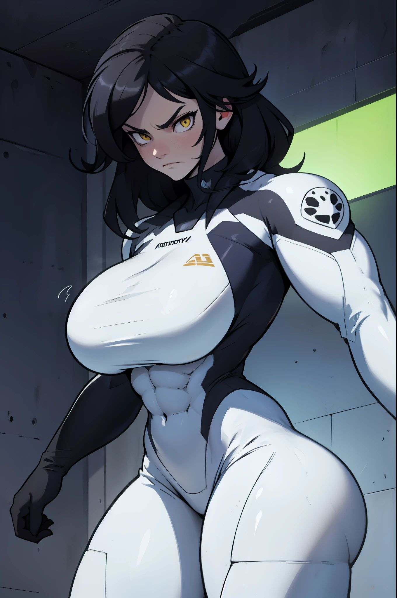 massive breasts huge breasts ((((muscular girl)))) ((((muscular girl)))) ((((muscular girl)))) toned body skinsuit long hair black hair yellow eyes pale skin serious look empty eyes sad frown embarrassed embarrassed embarrassed embarrassed
