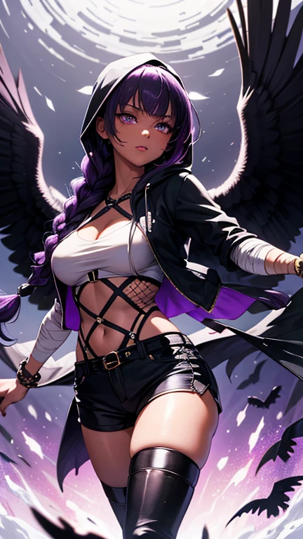 Ponytail. Longhair. Thin. Smiling expression, bikini, purple hair. Big tits. Miniskirt. Earring. Real. Above the clouds. Clouds around. Angel wings on the back. Fly freely above the clouds. Sunglasses on the head. Sunset. Robe of feathers.