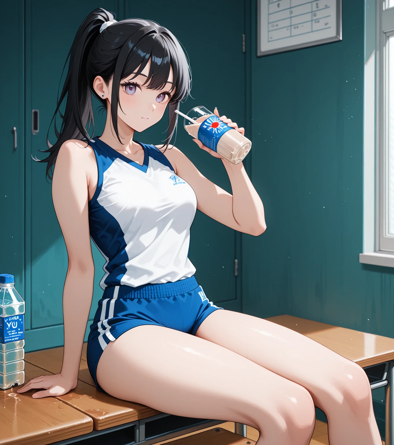 masterpiece, best quality, highres, aatakina, long hair, black hair, medium breasts, bare shoulders, sportswear, sports bra, crop top, white shirt, midriff, white buruma, white panties, thighs, <lora:inoue_takina_v1:0.7>, sitting, holding bottle, sweat, bench, outdoors