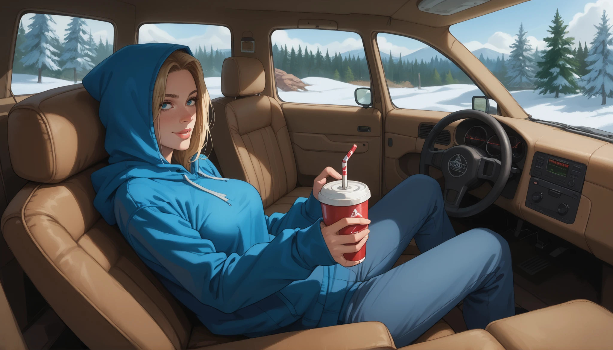 A girl with a nice body and nice breasts lounges on a camping chair by the riverbank, wrapped in a thermal blanket. Snow gently falls around her. Wearing a hoodie and insulated pants, her perfect face relaxes into a soft smile, perfect eyes reflecting the winter wonderland.