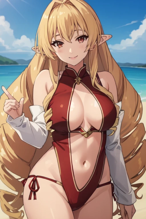 masterpiece, high resolution, best quality, beautiful art, 1 woman, solo, Tiffania Westwood, elf ears, mature woman, big breasted, cleavage, cosplaying as Mai Shiranui, sexy Japanese clothes, pelvic curtain, full body, sexy legs and thighs, sexy training, working out, stretching her body, sexy moves, bouncing breasts, beach environment
