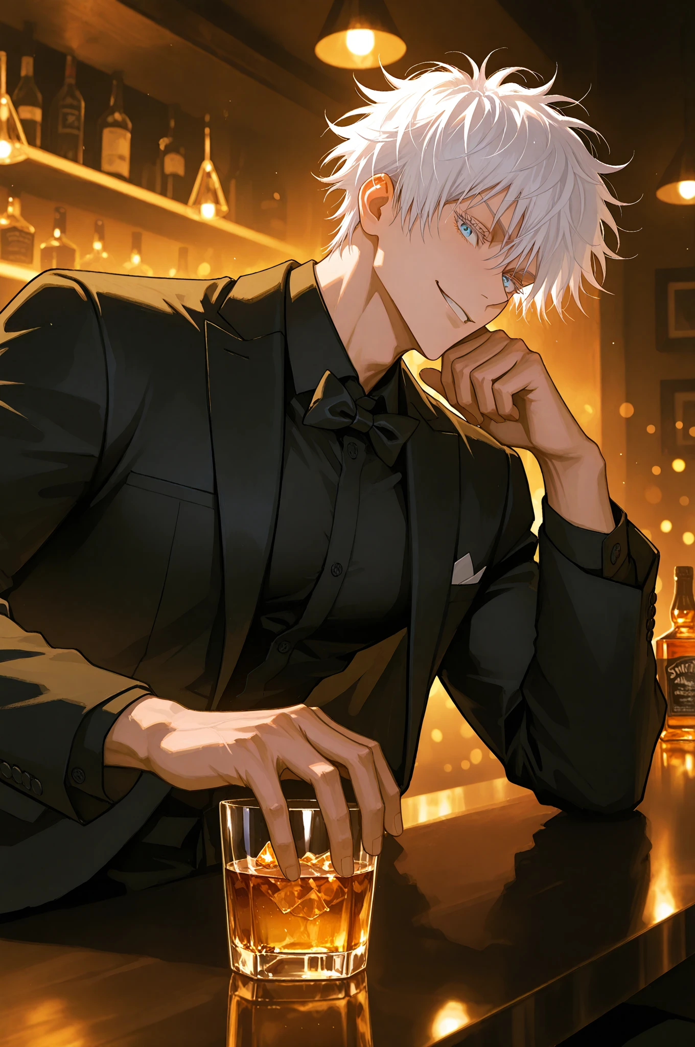 Highest quality, (8K, 16K, Awards, Highest quality, High resolution, Super Detail, gender: Male Age group: Middle-aged hairstyle/color: White hair Person pose: Drinking alcohol with a cigarette nearby: Serious gaze: Front Clothing：Black shirt: Scenes and situations in which you sit in a chair: A corner seat in a dimly lit bar