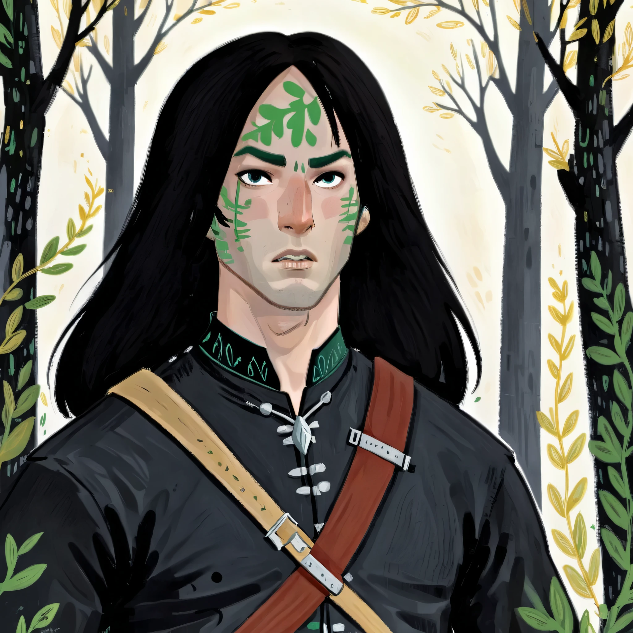 2D ART, hyper detailed gouache painting, illustration, gougoupaintleaves style, portrait of a man, 1boy, solo, long_hair, black hair brushed back, dark elf, black eyes, black_sclera, detailed face, handsome features, dark medieval tunic, pointy ears, standing in a dark forest, FRESHIDEAS Illustration No. 12